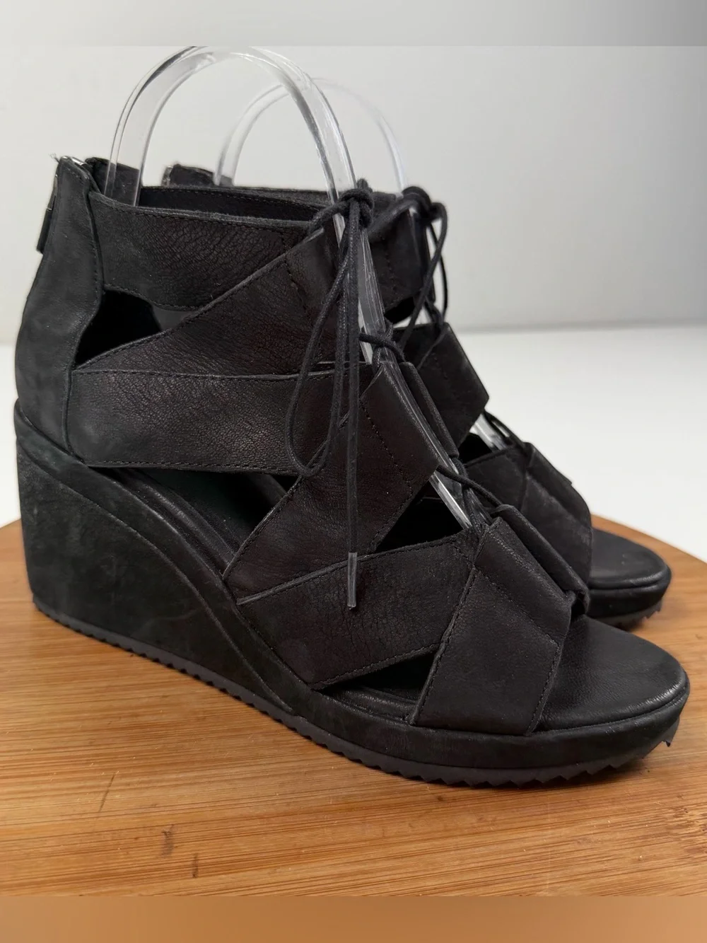 Eileen Fisher Dibs Black Lace-Up Strappy Wedge Sandals